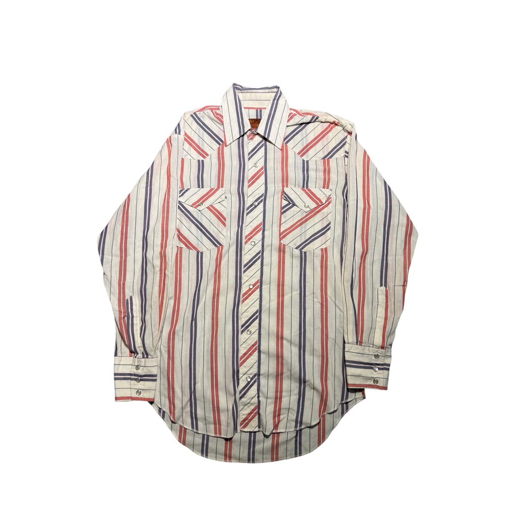 Vintage Rustler Mens M Long Tails Western Pearl Snap Striped Shirt Red Blue